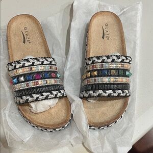 Glaze Women's Black Slide Sandals with Multicolor Bead Accents New 7.5 size